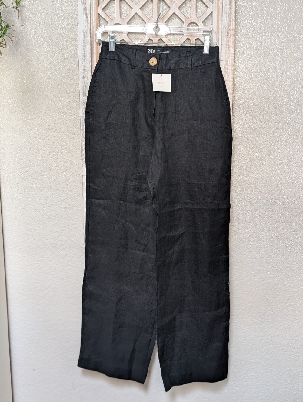 NWT Zara Womens Small Pants Black 100% Linen Wide-Leg Pockets Sheer Swim Beach
